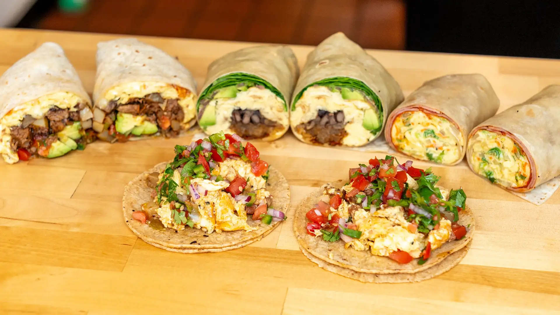Breakfast sandwiches, tacos, and burritos